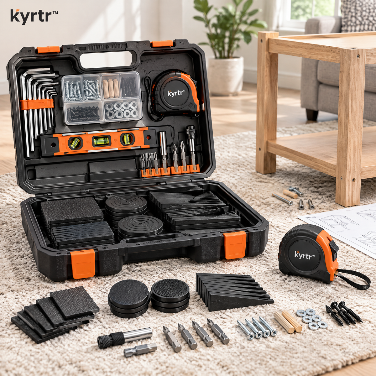kyrtr Furniture Leveling and Assembly Kit shown in a home assembly setting