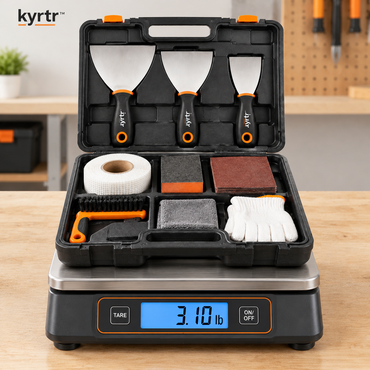 kyrtr Drywall Repair Tool Kit resting on a digital scale reading 3.10 pounds