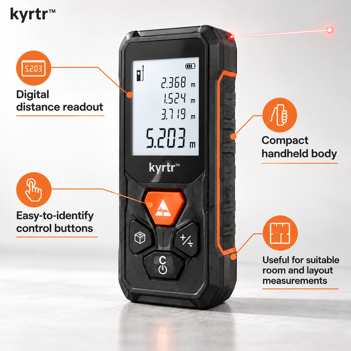 kyrtr Digital Laser Distance Meter features including LCD readout, handheld body and control buttons