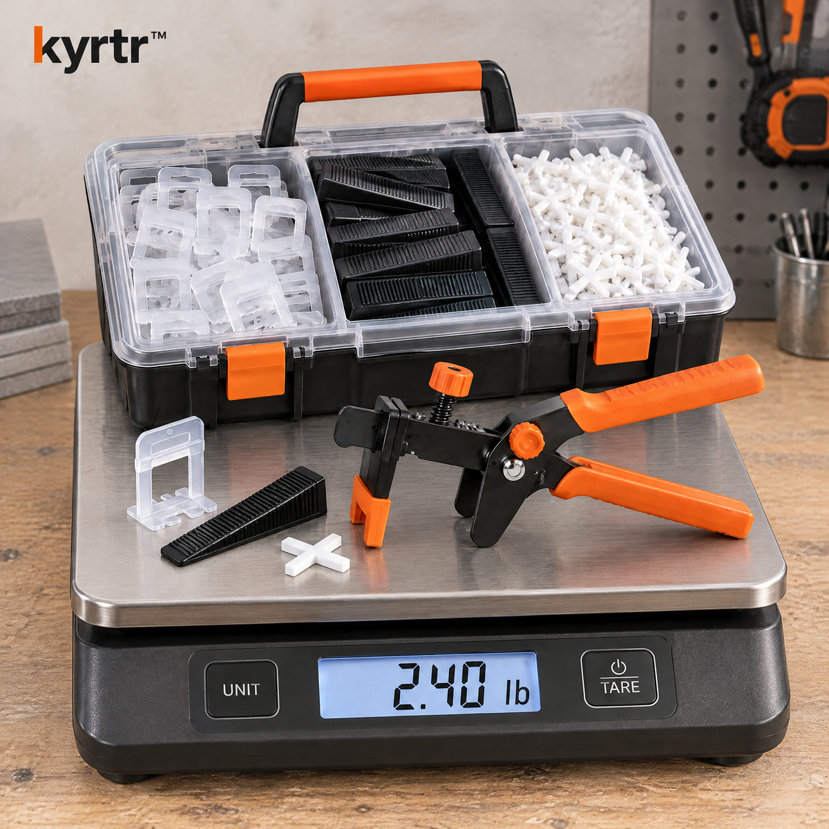 kyrtr Tile Leveling Pliers and Spacer Kit resting on a digital scale reading 2.40 pounds