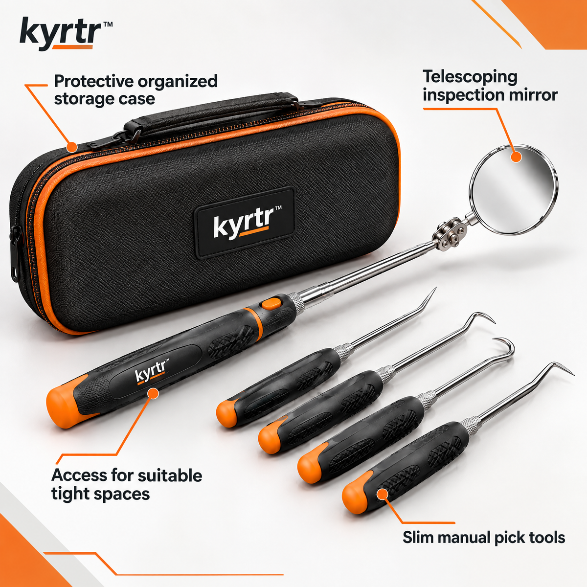 kyrtr inspection mirror and manual pick tools feature overview with storage case and slim handles