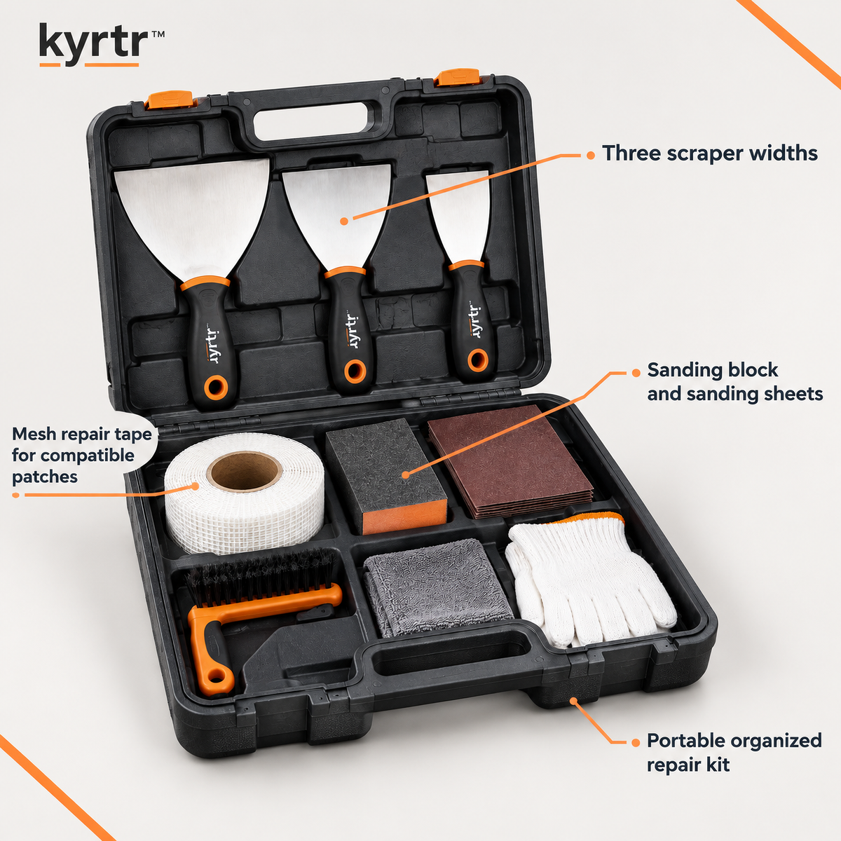 kyrtr Drywall Repair Tool Kit features including three scraper widths, mesh tape and sanding accessories