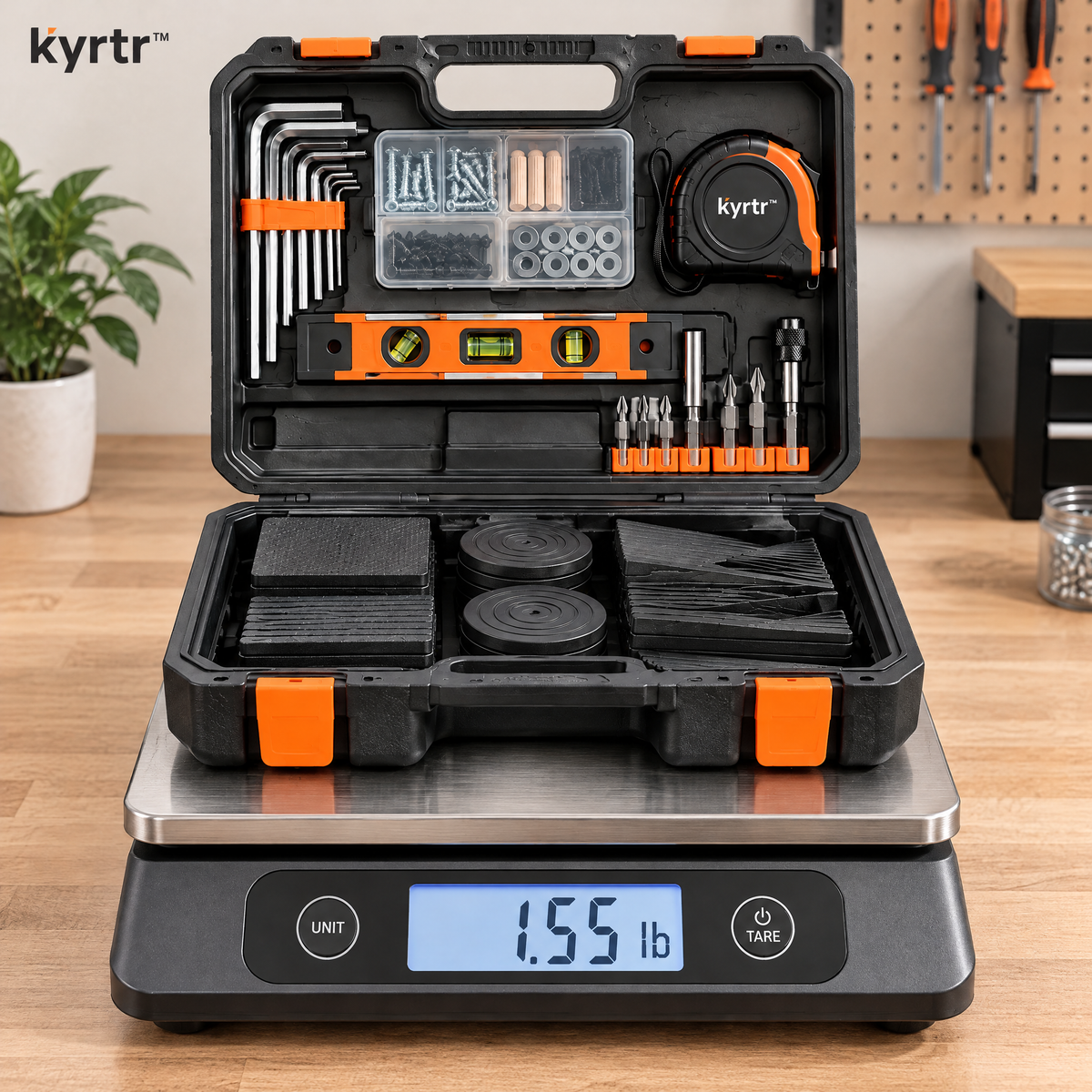 kyrtr Furniture Leveling and Assembly Kit resting on a digital scale reading 1.55 pounds