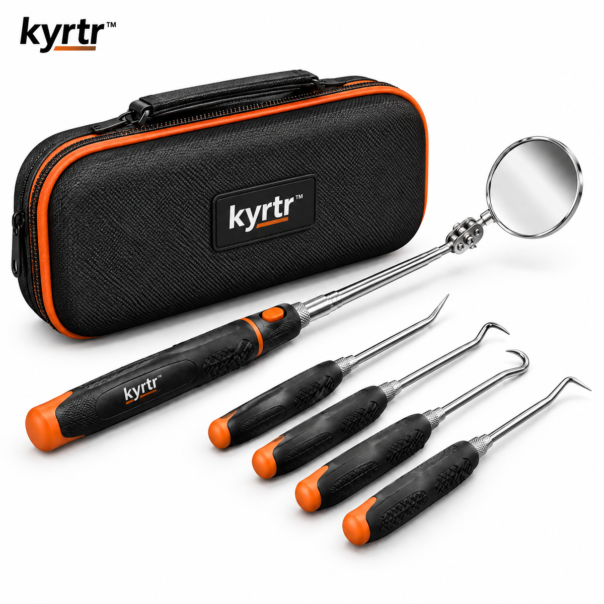 kyrtr telescoping inspection mirror and pick tools arranged on a white background