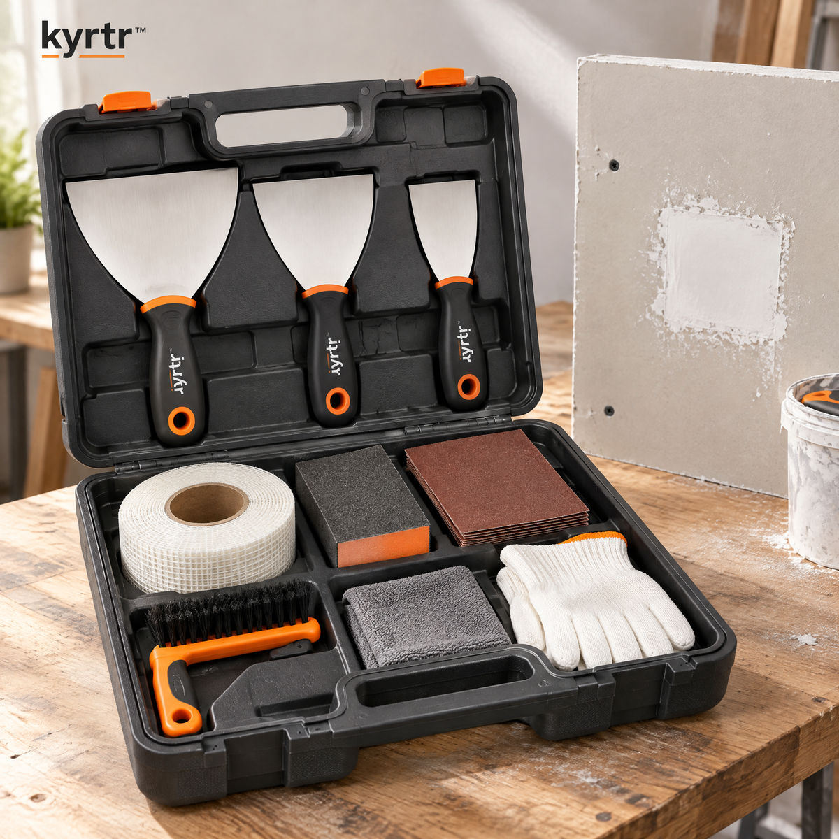kyrtr Drywall Repair Tool Kit displayed open on a renovation workbench