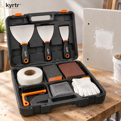 kyrtr Drywall Repair Tool Kit displayed open on a renovation workbench