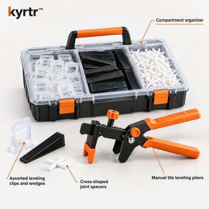 kyrtr Tile Leveling Pliers and Spacer Kit feature callouts showing pliers, clips, wedges and cross spacers