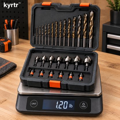 kyrtr Drill Bit and Countersink Kit resting on a digital scale reading 1.20 pounds