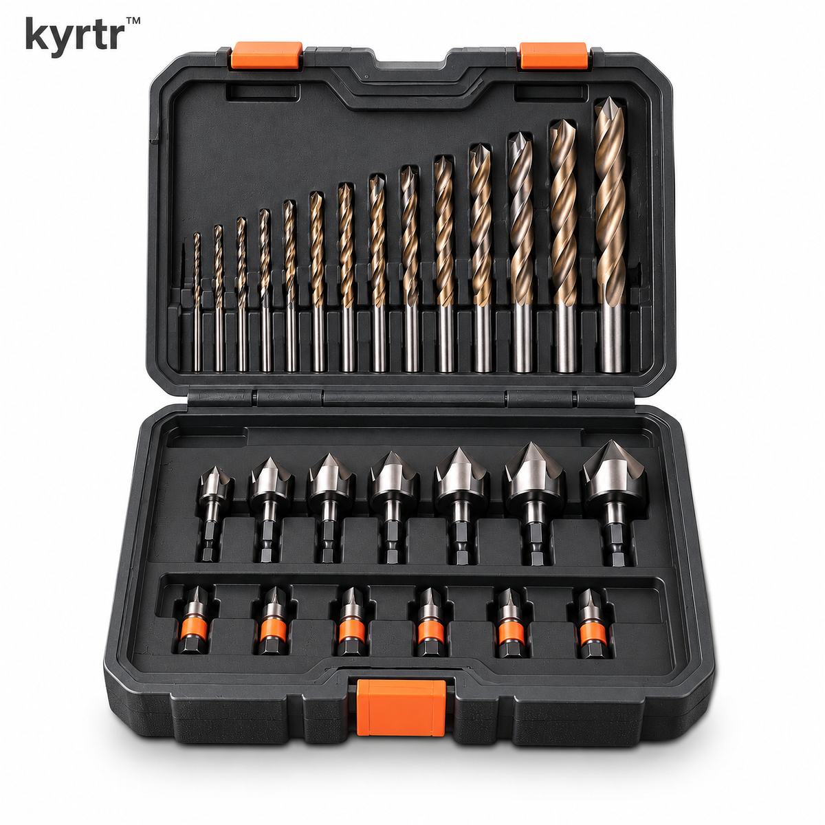 kyrtr Drill Bit and Countersink Kit arranged in its open case on a white background