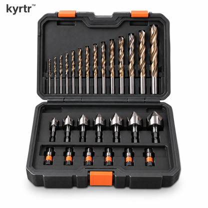 kyrtr Drill Bit and Countersink Kit arranged in its open case on a white background