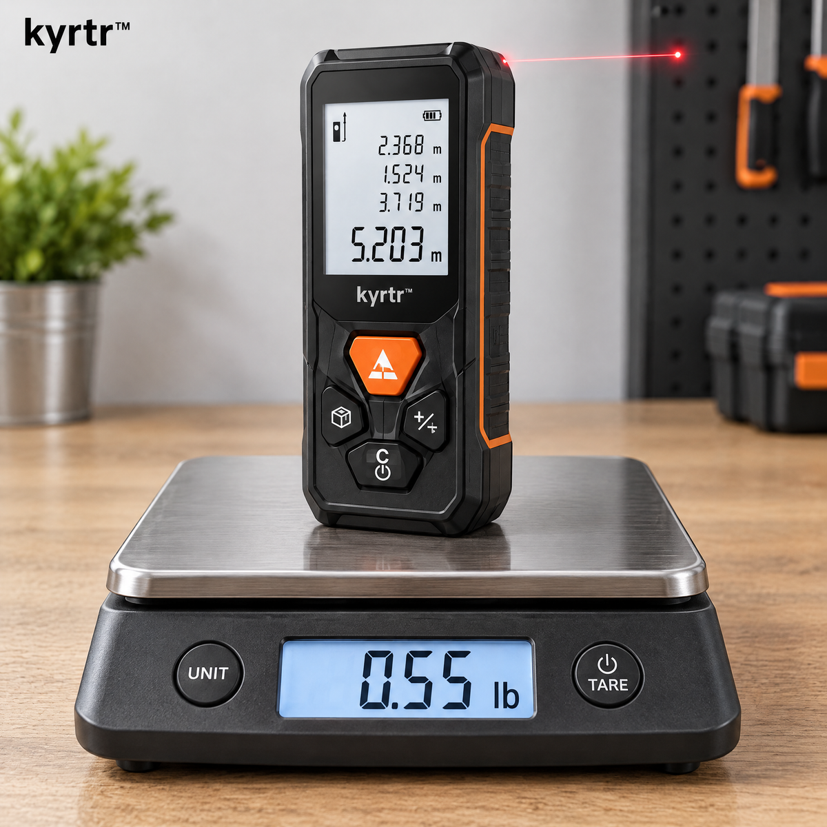 kyrtr Digital Laser Distance Meter resting on a digital scale reading 0.55 pounds