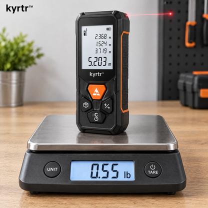 kyrtr Digital Laser Distance Meter resting on a digital scale reading 0.55 pounds