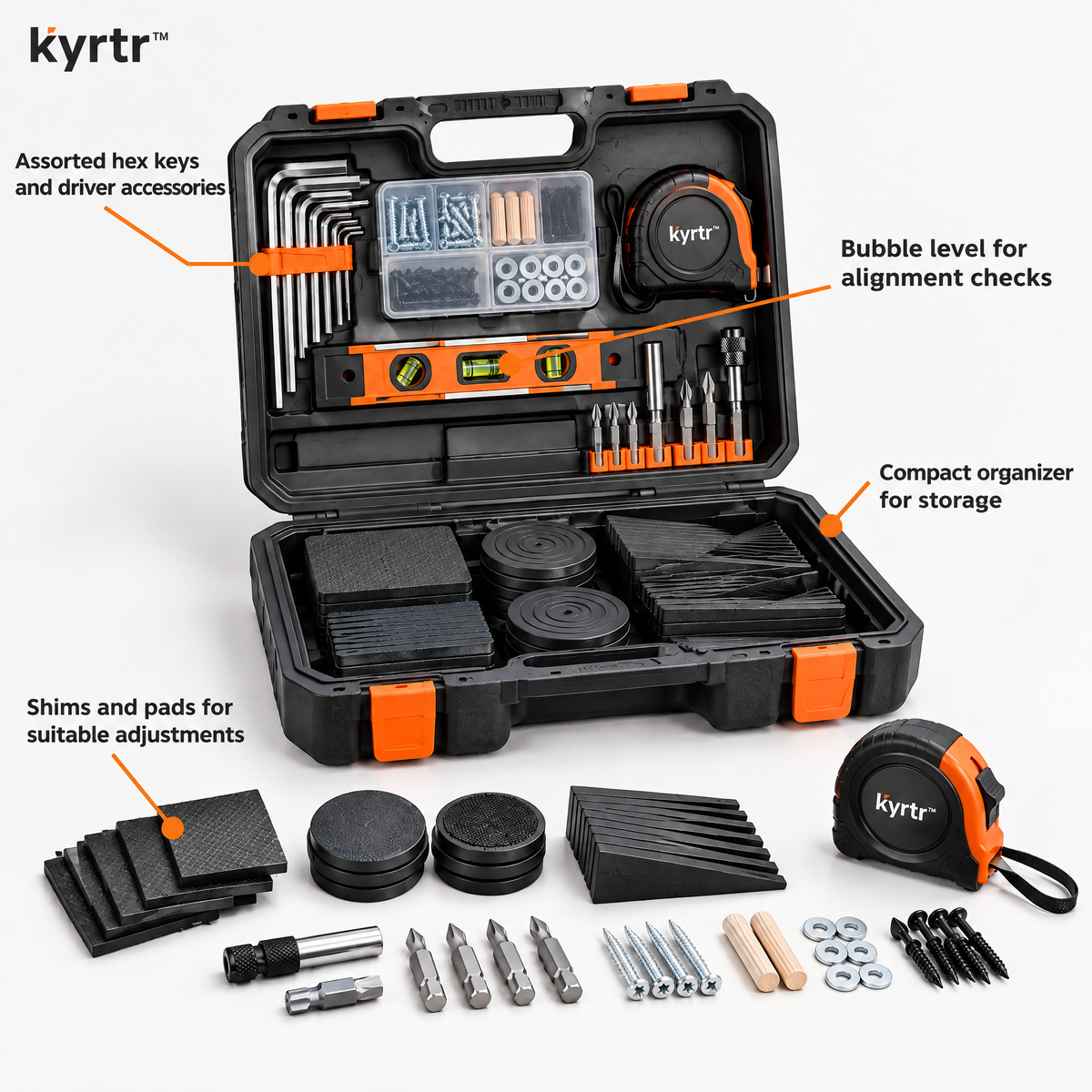 kyrtr Furniture Leveling and Assembly Kit features including bubble level, hex keys, shims, pads and organizer