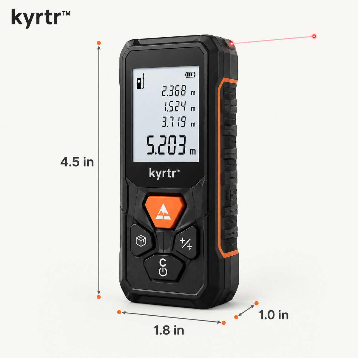 kyrtr Digital Laser Distance Meter dimensions 4.5 by 1.8 by 1.0 inches