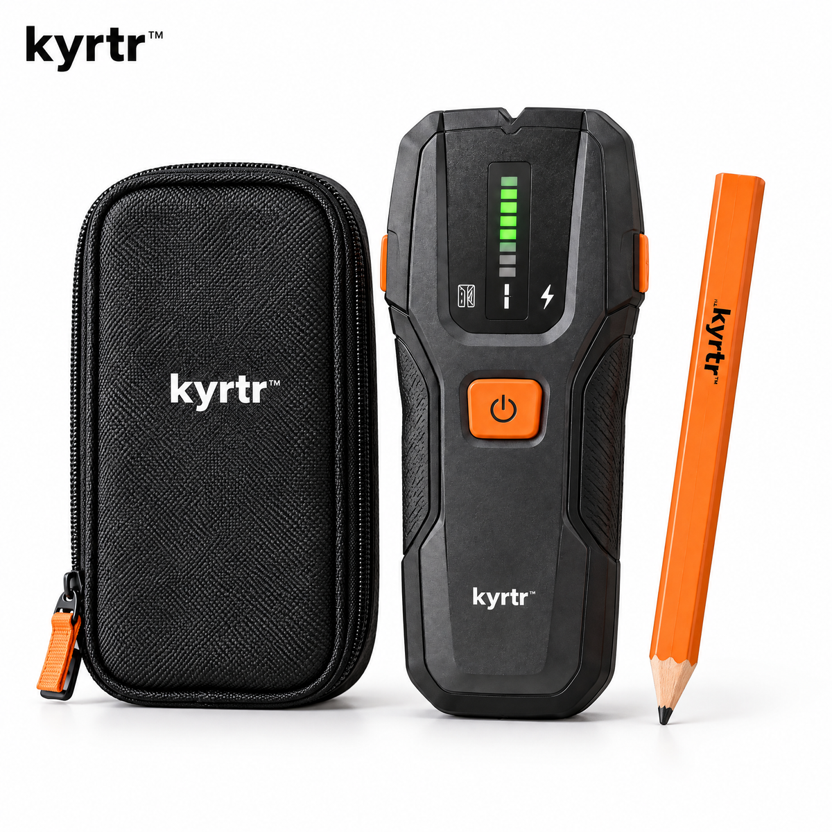 kyrtr Electronic Stud Finder, storage pouch and orange marking pencil on a white background