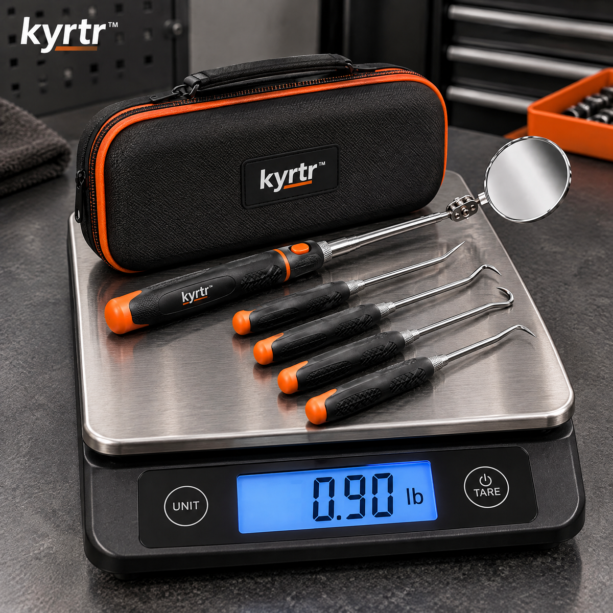 kyrtr inspection mirror and pick tool set on a digital scale displaying 0.90 pounds