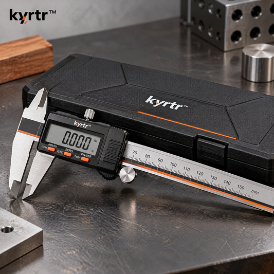 kyrtr Digital Measuring Caliper with LCD display and protective case on a workshop surface