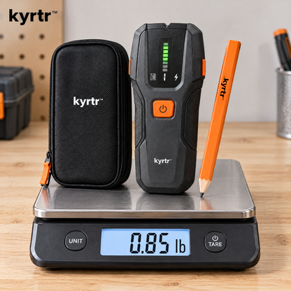 kyrtr Electronic Stud Finder Kit resting on a digital scale reading 0.85 pounds