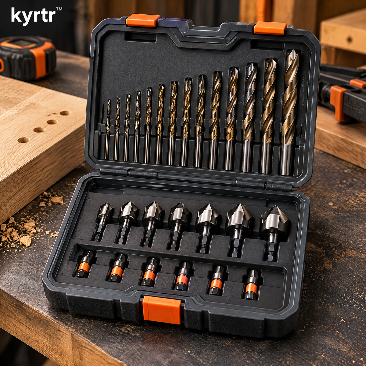 kyrtr Drill Bit and Countersink Kit displayed open on a woodworking bench