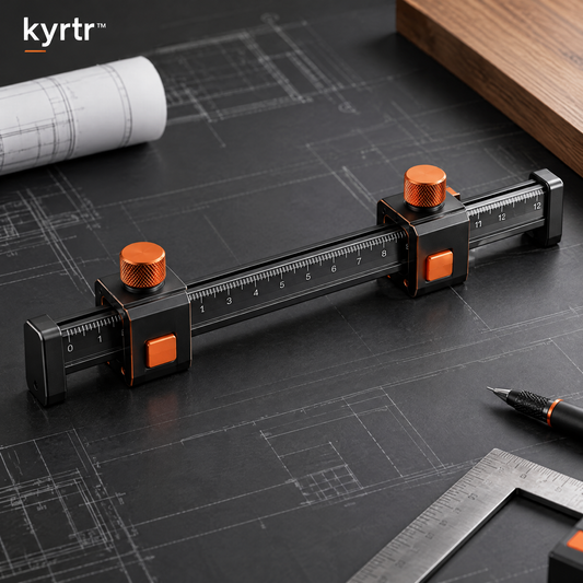 kyrtr Adjustable Layout Guide shown on a drafting workbench