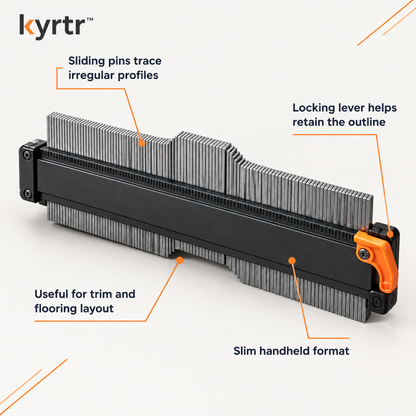 kyrtr Locking Contour Gauge feature graphic showing sliding pins, locking lever and slim handheld format