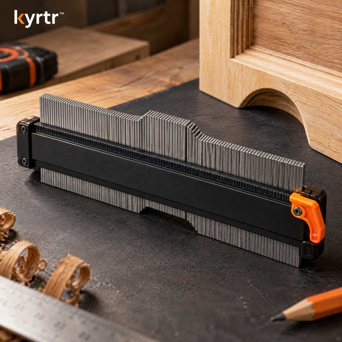 kyrtr Locking Contour Gauge tracing a curved woodworking profile