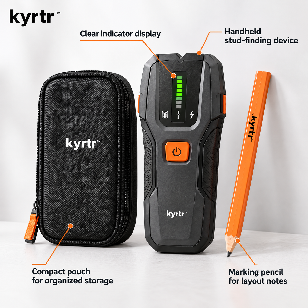 kyrtr Electronic Stud Finder Kit features including indicator display, handheld body, pouch and marking pencil