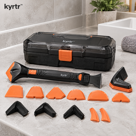 kyrtr Caulking and Sealant Finishing Kit arranged on a bathroom tile surface