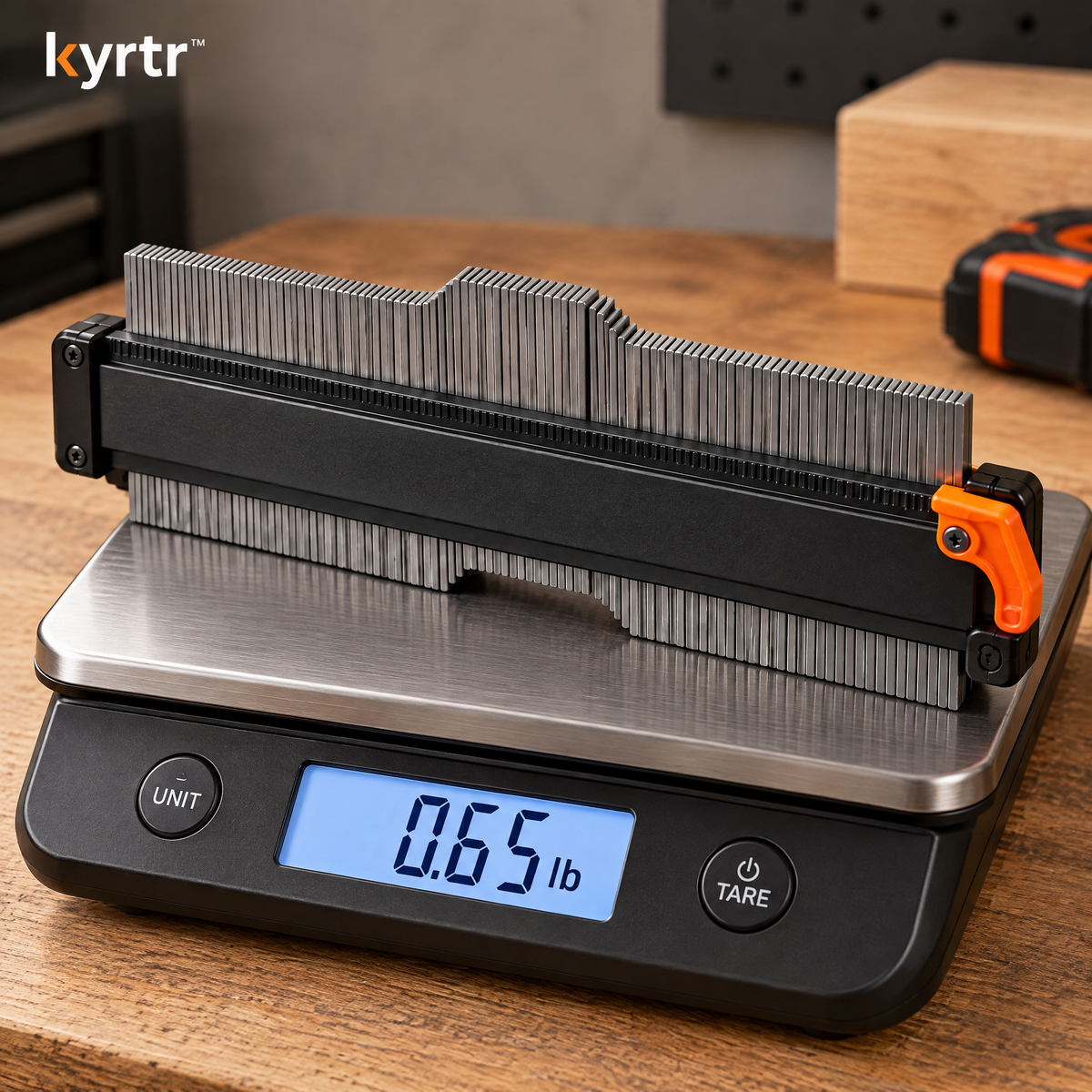 kyrtr Locking Contour Gauge resting on a digital scale reading 0.65 pounds