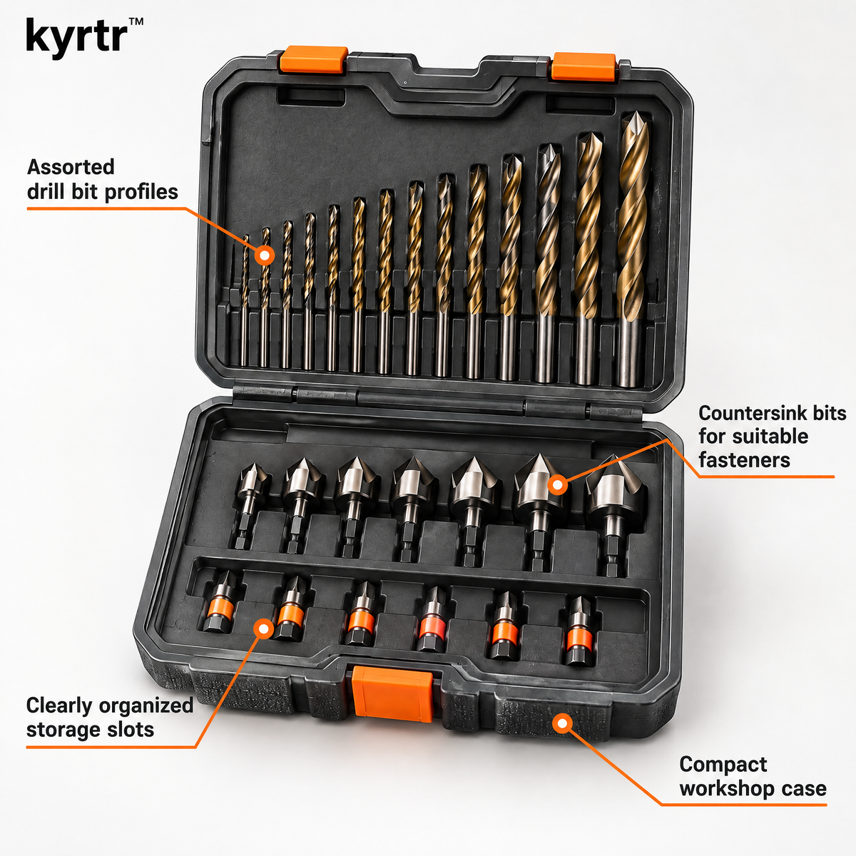 kyrtr Drill Bit and Countersink Kit feature overview with assorted drill bits, countersink bits and storage slots