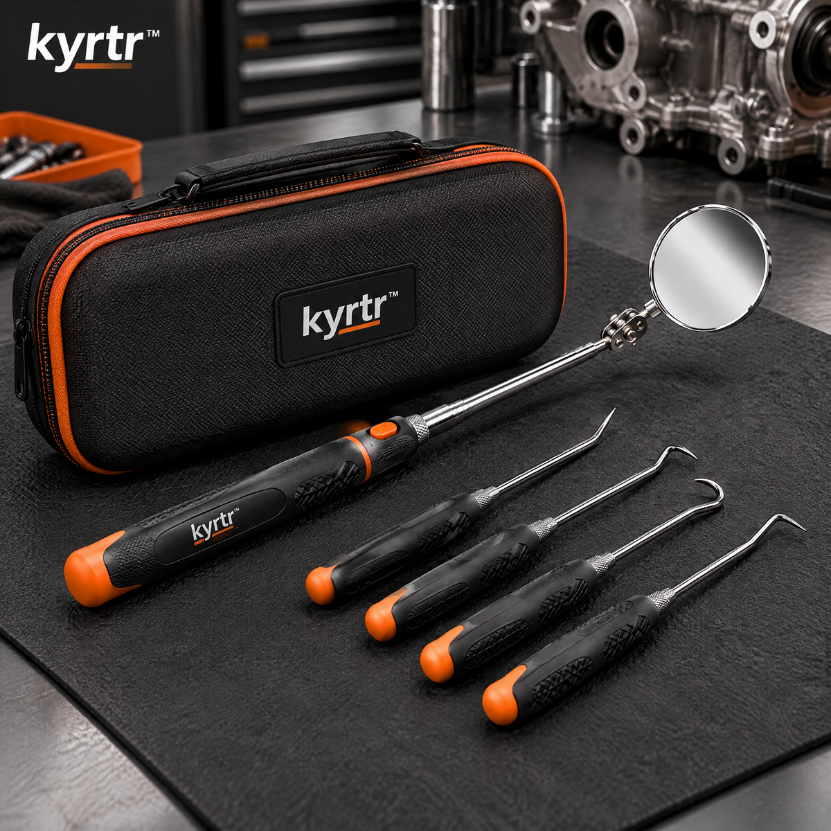 kyrtr telescoping inspection mirror and pick tool set displayed in a workshop with a zippered storage case